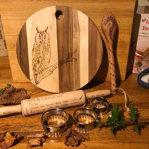 Owl Baking Set Large: Serving Platter/Chopping Board with Handle, Pyrography, Recipe Rolling Pin, Cooking Spoon