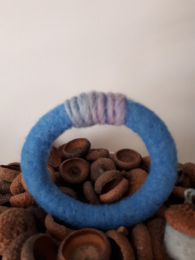 Felted Wool Bangle Bracelet Blue Wrapped Yarn Wet Needle Felted Wearable Fiber Art