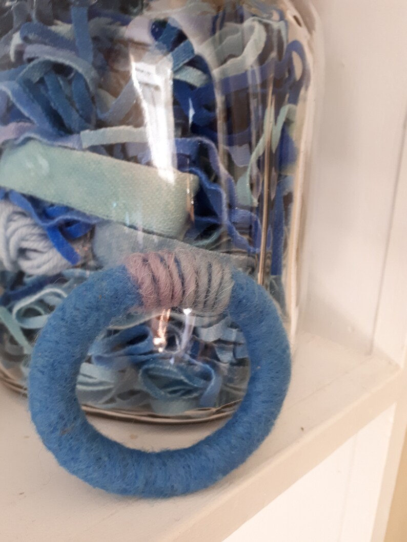 Felted Wool Bangle Bracelet Blue Wrapped Yarn Wet Needle Felted Wearable Fiber Art