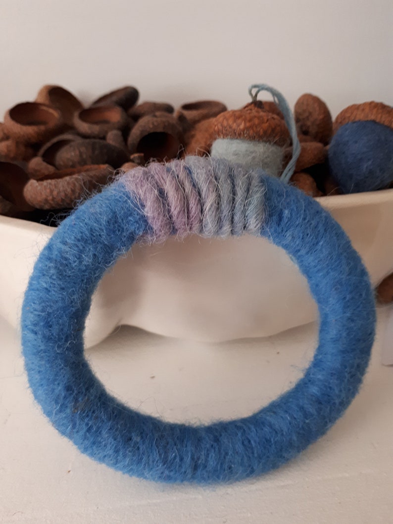 Felted Wool Bangle Bracelet Blue Wrapped Yarn Wet Needle Felted Wearable Fiber Art