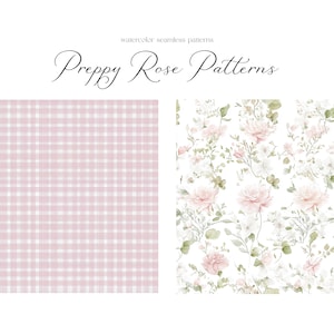 Puede incluir: Dos patrones sin costuras, uno con un cuadro vichy rosa y blanco y el otro con un fondo blanco y un patr&oacute;n repetido de rosas rosas y hojas verdes. El texto "Preppy Rose Patterns" est&aacute; en la parte superior de la imagen.