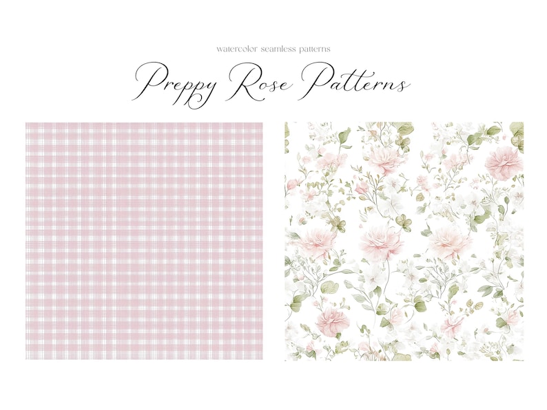 Puede incluir: Dos patrones sin costuras, uno con un cuadro vichy rosa y blanco y el otro con un fondo blanco y un patr&oacute;n repetido de rosas rosas y hojas verdes. El texto "Preppy Rose Patterns" est&aacute; en la parte superior de la imagen.