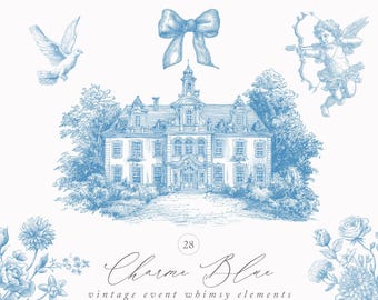 Baroque Blue Line Art - Wedding Clipart- Vintage Victorian Clipart - Blue Chinoiserie Clipart - Royal Ornamental Clipart - Vintage Clipart