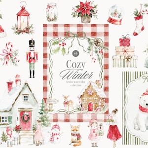 Könnte beinhalten: Eine Sammlung festlicher Aquarellillustrationen mit einem rot-weißen Karorahmen und dem Text Cozy Winter, umgeben von Weihnachtsmotiven wie einem Nussknacker, einem Lebkuchenhaus, einem Eisbären, einem Schneemann, einem Fuchs und verschiedenen Geschenken.