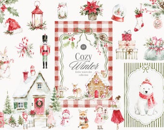 Watercolor Cozy Winter Collection - Festive Bundle - Digital Papers - Christmas PNG - Digital Download - Premade Cards - Backgrounds