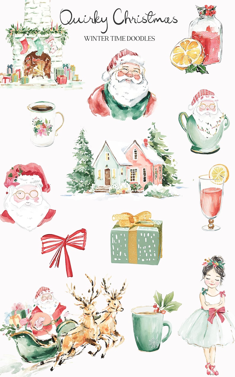 May include: Watercolor illustrations of Christmas-themed elements, including Santa Claus, a fireplace, houses, gifts, and a ballerina. The text "Quirky Christmas" and "Winter Time Doodles" are also present.