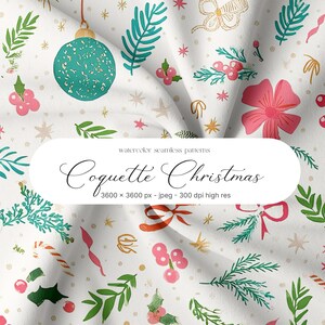 May include: Watercolor seamless pattern featuring Christmas-themed illustrations. The design includes pink bows, green sprigs, red berries, and a teal ornament. The text "Coquette Christmas" is displayed on the image.
