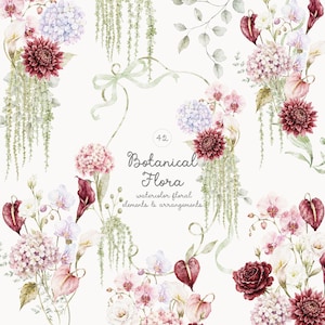 May include: A collection of watercolor floral elements and arrangements featuring deep red dahlias, light pink and blue hydrangeas, white calla lilies, and orchids. The central text reads 42 Botanical Flora watercolor floral elements & arrangements.