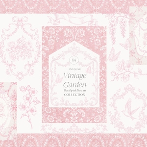 May include: A collection of pink line art graphics featuring floral motifs, ornate frames, butterflies, and a bird. The central text reads 64 PNG & SVG Vintage Garden floral pink line art COLLECTION. The designs are set against a repeating damask pattern.