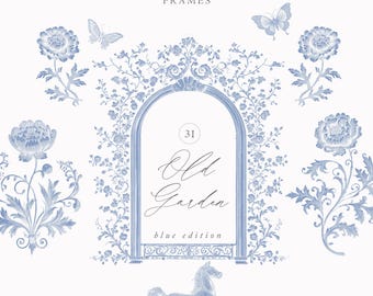 Barokke zeer fijne tekeningen - bruiloft clipart-vintage Victoriaanse bruiloft embleem - blauwe chinoiserie clipart - koninklijke sierlijst - vintage clipart