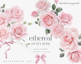 Ethereal Dusty Rose Floral Clipart - Watercolor Roses - Roses Clipart - Dusty Rose & Blush - Floral Clipart  - Wedding Clipart - Watercolor