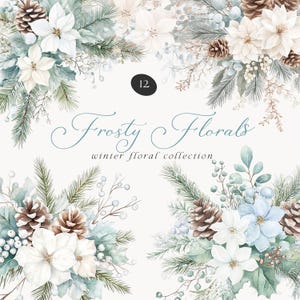 Clipart de arranjo floral de inverno gelado em aquarela, clipart floral gelado, flores de inverno, clipart floral, clipart aquarela, clipart festivo