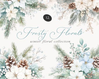 Op de afbeelding: Een set van 12 aquarel illustraties met winterse bloemen, waaronder witte kerststerren, dennentakken, bessen en dennenappels. De illustraties zijn in een frostig blauw en wit kleurenschema. De tekst "Frosty Florals" en "winterse bloemencollectie" is in de afbeelding opgenomen.