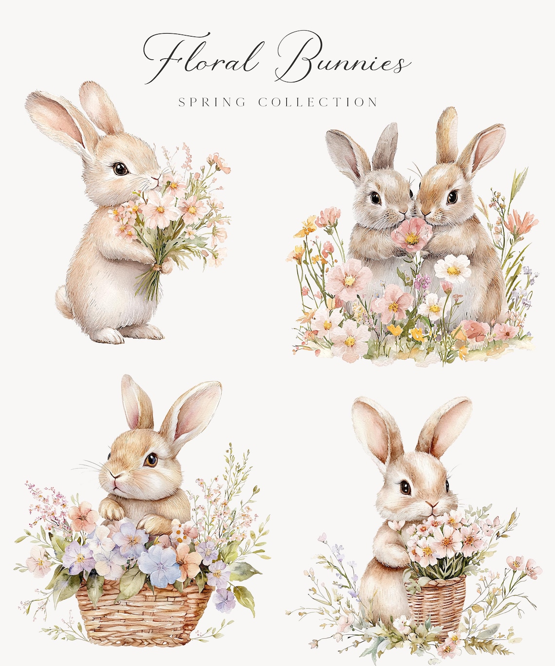 Watercolor Floral Bunnies Clipart - Nursery Spring Clipart - Spring ...