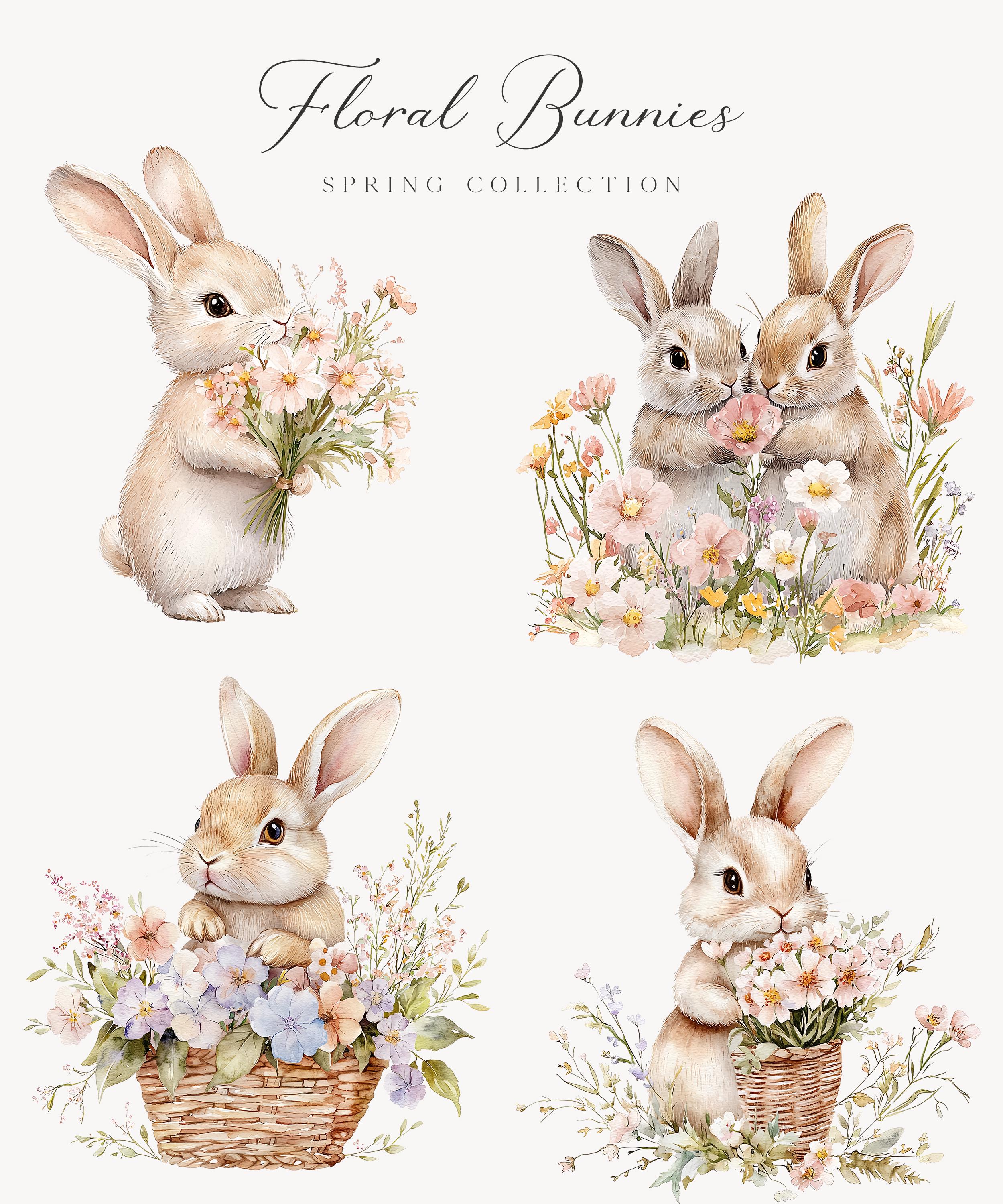 Watercolor Floral Bunnies Clipart - Nursery Spring Clipart - Spring ...