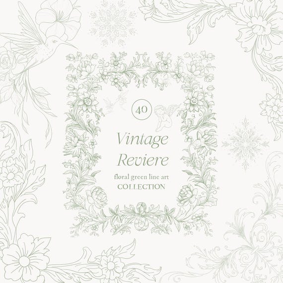 Green Baroque Line Art - Wedding Clipart- Vintage Victorian Wedding crest - Green Chinoiserie Clipart-Royal Ornamental Frame-Vintage Clipart