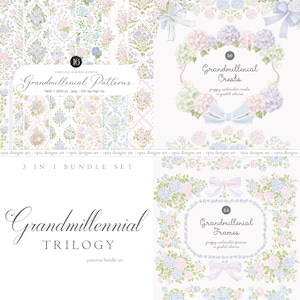 May include: A digital art bundle featuring watercolor seamless patterns, crests, and frames in pastel colors. The designs include floral arrangements, bows, and decorative elements. The text reads "Grandmillenial Patterns," "Crests," and "Frames."
