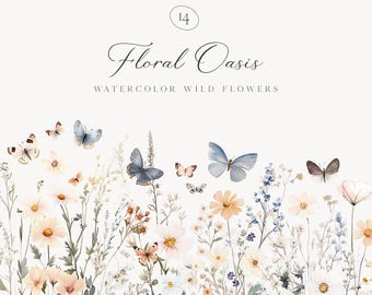May include: Watercolor border design featuring a collection of delicate wildflowers and butterflies in shades of blue, pink, and white. The design is titled "Floral Oasis Watercolor Wild Flowers" and includes the number "14".