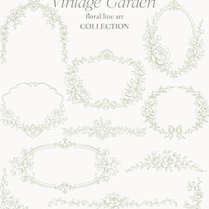 May include: A collection of vintage floral line art elements in a soft green hue, including frames, borders, and decorative accents. The design features roses and other botanical illustrations, with the text "Vintage Garden" and "floral line art COLLECTION".