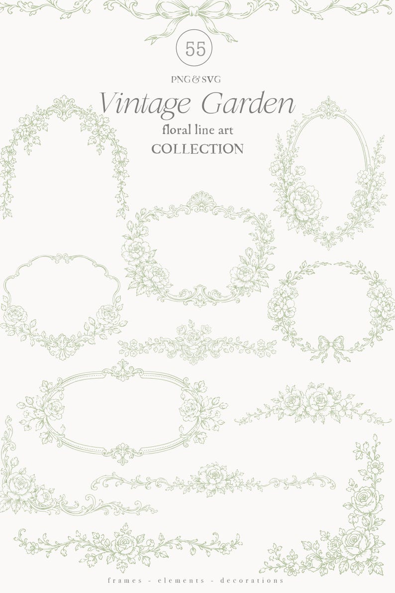 May include: A collection of vintage floral line art elements in a soft green hue, including frames, borders, and decorative accents. The design features roses and other botanical illustrations, with the text "Vintage Garden" and "floral line art COLLECTION".
