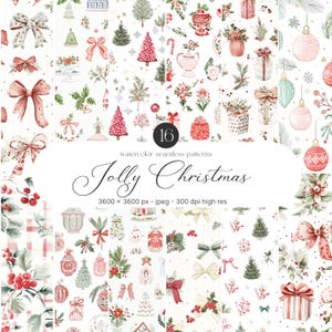 Puede incluir: Patrones de acuarela sin costuras con ilustraciones navideñas. La imagen presenta varios elementos festivos como lazos, árboles de Navidad, adornos y cajas de regalo en rojo, verde y blanco. Se muestra el texto "Jolly Christmas".