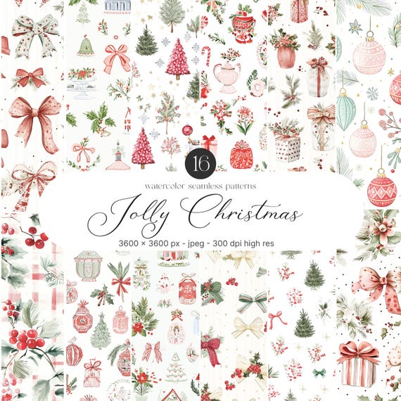 Watercolor Christmas Seamless Patterns, Christmas Coquette Patterns, Festive Patterns, Digital Paper, Scrapbook Paper, Winter Patterns