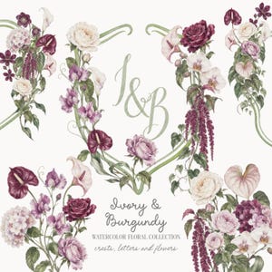 Könnte beinhalten: Eine Aquarell-Blumenkollektion mit elfenbeinfarbenen und burgunderroten Blüten, angeordnet in Sträußen und einem herzförmigen Wappen. Der Text lautet J&B, Ivory & Burgundy, Watercolor Floral Collection, crests, letters and flowers.