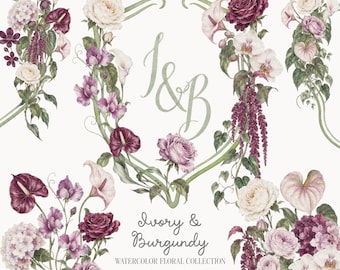 Ivory & Burgundy Wedding Crests Floral Collection - Burgundy Flowers - Frames - Alphabet - Watercolor Florals  - Crests PNG