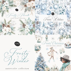 May include: A collection of 109 watercolor illustrations featuring winter scenes, florals, and holiday elements. The illustrations are in shades of blue and white, with a frosty, wintery feel. The collection includes a variety of elements, such as snowflakes, pine cones, bells, and ornaments.
