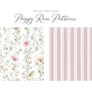 Puede incluir: Dos patrones sin costuras, uno con flores rosas y blancas sobre un fondo blanco y el otro con rayas rosas y blancas sobre un fondo blanco. El texto "Preppy Rose Patterns" est&aacute; en la parte superior de la imagen.