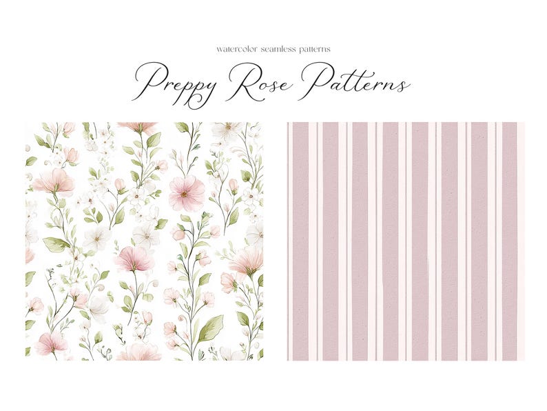 Puede incluir: Dos patrones sin costuras, uno con flores rosas y blancas sobre un fondo blanco y el otro con rayas rosas y blancas sobre un fondo blanco. El texto "Preppy Rose Patterns" est&aacute; en la parte superior de la imagen.