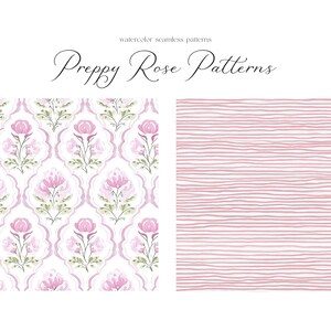 Puede incluir: Dos patrones sin costuras, uno con rosas rosas en un dise&ntilde;o damasco blanco y rosa claro, y el otro con rayas rosas sobre un fondo blanco. El texto "Preppy Rose Patterns" est&aacute; en la parte superior de la imagen.
