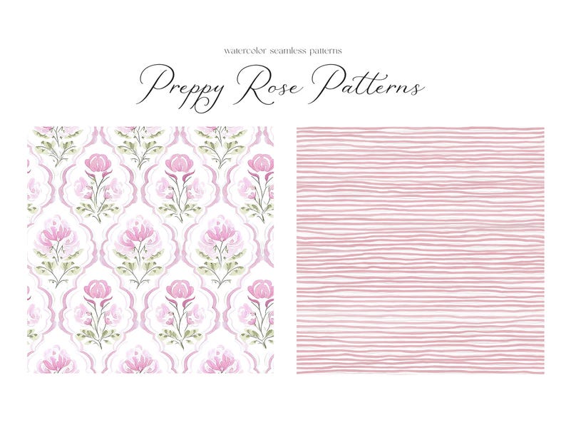 Puede incluir: Dos patrones sin costuras, uno con rosas rosas en un dise&ntilde;o damasco blanco y rosa claro, y el otro con rayas rosas sobre un fondo blanco. El texto "Preppy Rose Patterns" est&aacute; en la parte superior de la imagen.