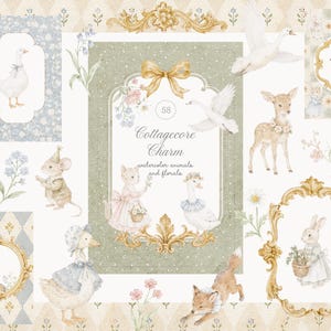 May include: Watercolor illustrations of cottagecore animals and florals. The image features a variety of animals, including a goose, mouse, cat, swan, deer, fox, and rabbit. The artwork has a vintage aesthetic with a soft color palette and decorative frames.