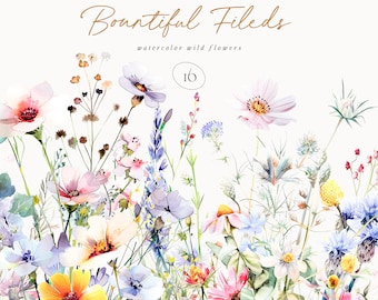 May include: Watercolor illustration of a border of 16 different types of wildflowers in shades of pink, blue, yellow, and white. The flowers are arranged in a loose, natural style, with some flowers overlapping others. The background is white.