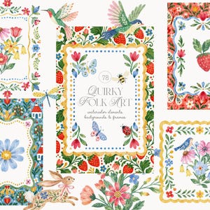 May include: A collection of watercolor illustrations featuring rectangular frames, floral bouquets, strawberries, a rabbit, a hummingbird, a blue bird, butterflies, a bee, and a ladybug. The central frame includes the text Quirky Folk Art.