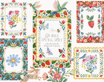 Quirky Folk Art Collection - Whimsy Frames PNG - Whimsical Floral Clipart - Garden Wedding invite -Watercolor Floral Cottagecore invitations