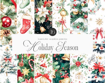 May include: A set of 16 watercolor seamless patterns featuring holiday themes. The patterns include Christmas trees, holly, poinsettias, bells, candy canes, stars, and snowflakes. The patterns are perfect for creating festive backgrounds, wrapping paper, and other holiday crafts.