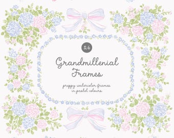 Aquarel Grandmillennial clipart set - oma chic - digitale download - kant en hortensia - blauw en roze - grandmillenial frames clipart