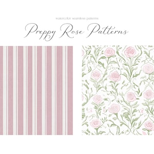 Puede incluir: Dos patrones sin costuras, uno con rayas rosas y blancas y el otro con rosas rosas sobre un fondo blanco. El texto "Preppy Rose Patterns" est&aacute; en la parte superior de la imagen.