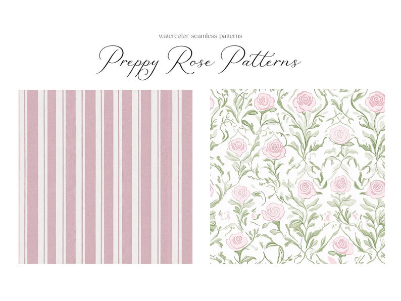 Puede incluir: Dos patrones sin costuras, uno con rayas rosas y blancas y el otro con rosas rosas sobre un fondo blanco. El texto "Preppy Rose Patterns" est&aacute; en la parte superior de la imagen.