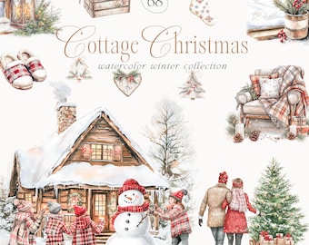Watercolor Winter Cabin Clipart, Cozy Winter Clip Art, Cottage Christmas Clipart, Winter Vacation Clipart, Cottagecore clipart, Christmas