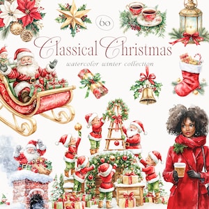 Aquarel kerst clipart, klassieke kerst illustraties, feestelijke vakantie clipart, gezellige kerst clipart, kerstafbeeldingen, aquarel clipart