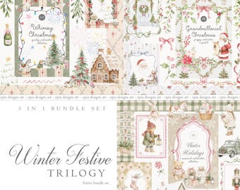 Watercolor Christmas Bundle - Winter Festive Collection  - Christmas Holidays - Whimsical Clipart - Grandmillennial - Santa Claus
