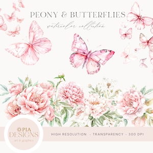 Clipart de borboletas rosa empoeirado aquarela - Clipart de adesivos - Clipart aquarela - Clipart floral aquarela -Clipart de casamento-Clipart de peônia