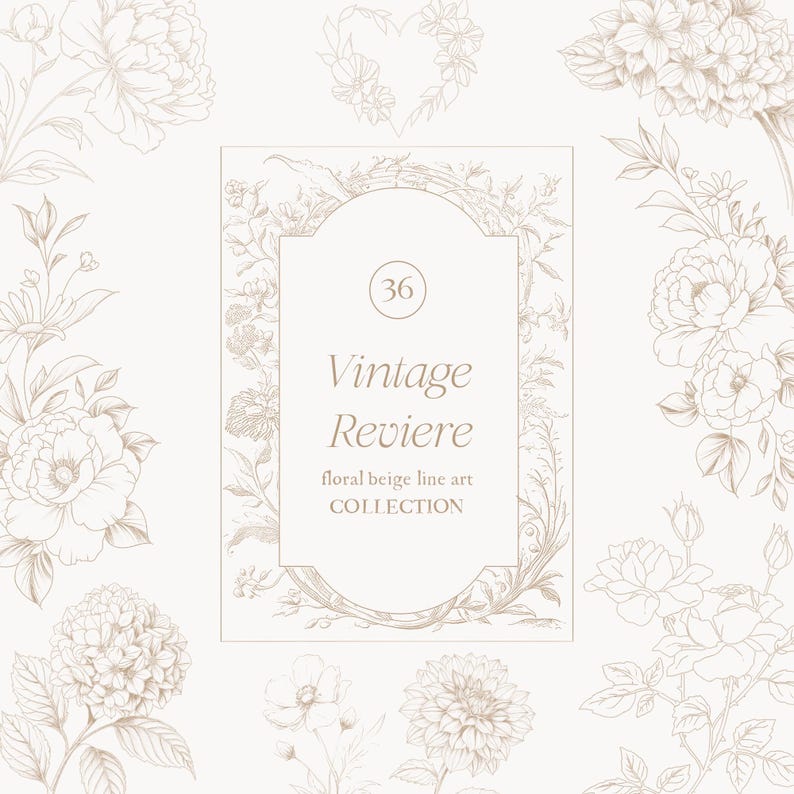 Op de afbeelding: Een beige bloemenontwerp met de tekst "Vintage Reviere floral beige line art COLLECTION" in een decoratief kader. De afbeelding toont verschillende bloemelementen, waaronder rozen en pioenrozen, in een lijnkunststijl.