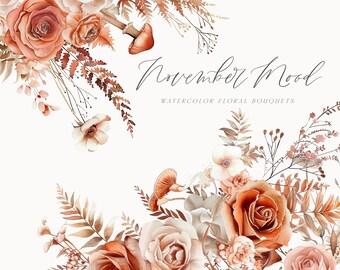 Aquarell Herbst Blumen Clipart - Blumensträuße - Pilze Clipart - Herbst Clipart - Hochzeit Clipart - Neutral - unbegrenzte Verkaufslizenz