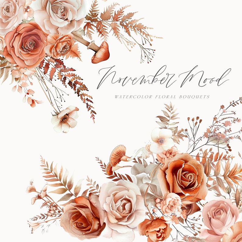 Watercolor Fall Floral Clipart Floral Bouquets Mushrooms Clipart Autumn