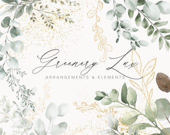 Watercolor Greenery Clipart - Watercolor Eucalyptus Clipart - Gold Foliage - Wedding Clipart - Clipart - Premade Clipart -Watercolor Clipart