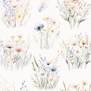 May include: Watercolor illustrations of delicate wildflowers in shades of pink, blue, and yellow. The flowers are arranged in bouquets and feature a variety of blooms, including daisies, cosmos, and forget-me-nots. The illustrations are perfect for adding a touch of spring to any project.